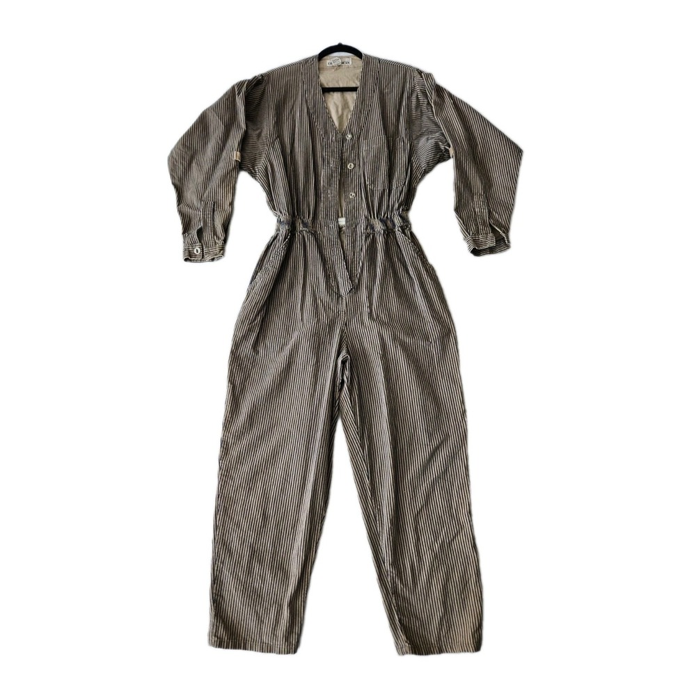 Vtg Coffee Bean Beige & Blue Pinstripe Corduroy ButtonUp Dolman Tapered Jumpsuit
